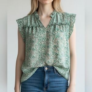 Chic Green Patterned Blouse with Ruffle Detail